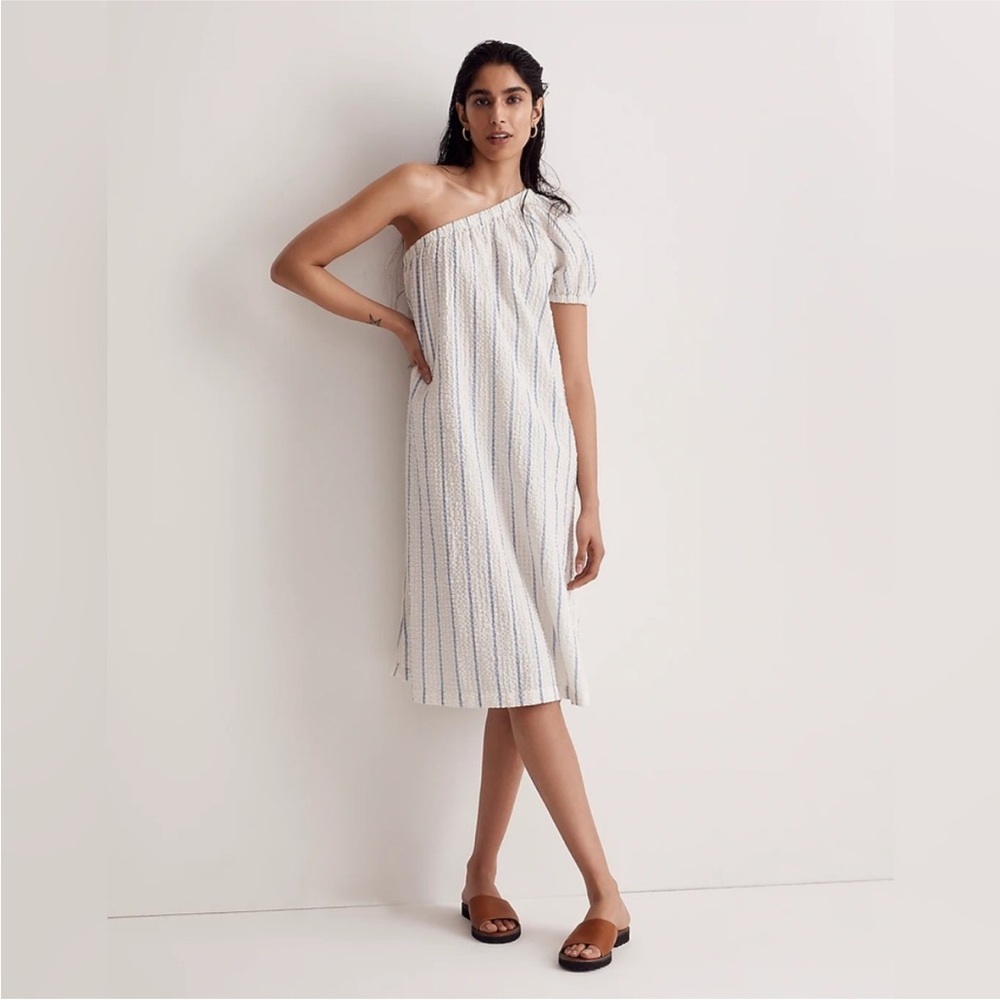 🪡Madewell One-Shoulder Seersucker Striped Midi Dress